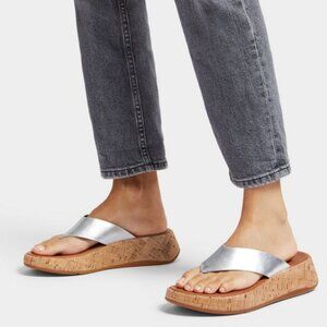 FitFlop F-Mode Silver Leather Cork Flatform Toe-Post Sandals Women's Size 10